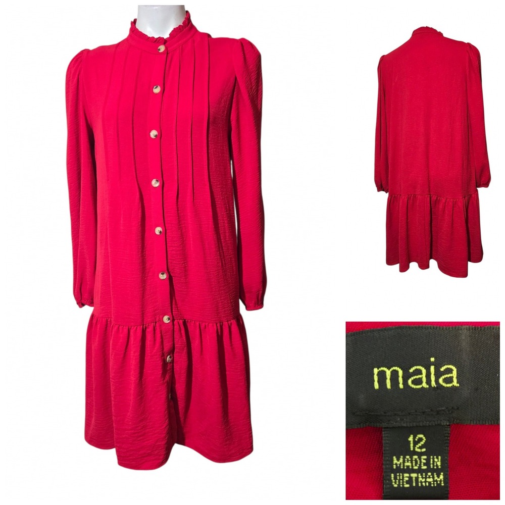 Maia Red Long Sleeve Pintuck Drop Waist Button Front Ruffle Neck Dress Size 12